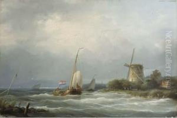 A Sailing Barge Entering A Waterway Oil Painting by Nicolaas Riegen