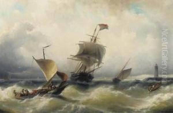 Shipping On A Choppy Sea Oil Painting by Nicolaas Riegen