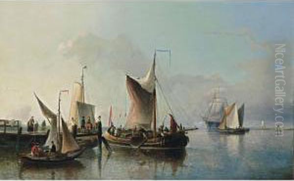 Fishing Boats Off A Jetty Oil Painting by Nicolaas Riegen