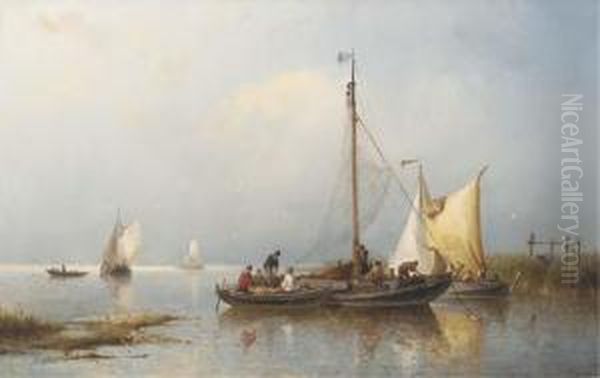 A Calm: Fishermen Inspecting Their Catch Oil Painting by Nicolaas Riegen