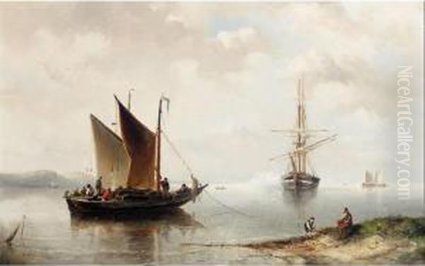 Dutch Estuary Scene With A Man-o'-war Firing A Salute And Fishing Boat In Foreground Oil Painting by Nicolaas Riegen