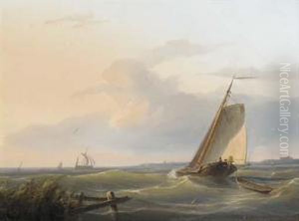 Sailing Vessels In An Estuary Oil Painting by Nicolaas Riegen