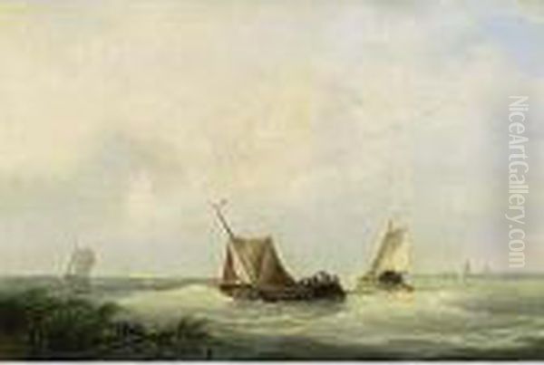 Sailing Vessels Off The Coast Oil Painting by Nicolaas Riegen