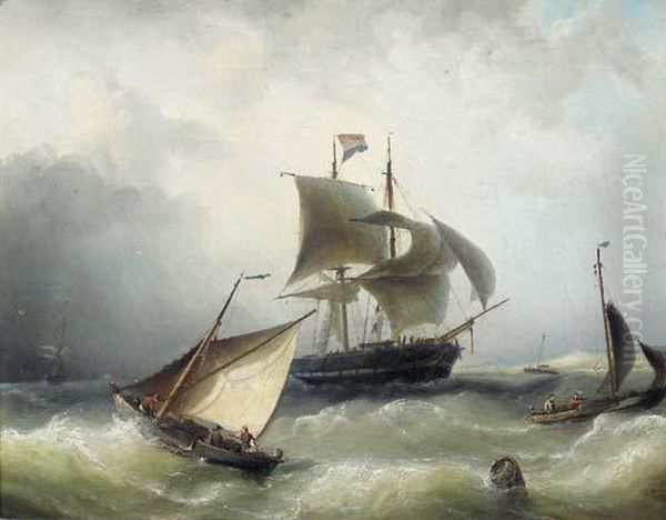 Busy Shipping In A Breeze Off The Coast Oil Painting by Nicolaas Riegen