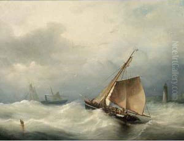 Sailing Vessels On A Choppy Sea Oil Painting by Nicolaas Riegen