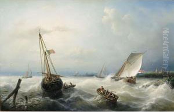 Sailing Vessels On A Choppy Sea Oil Painting by Nicolaas Riegen