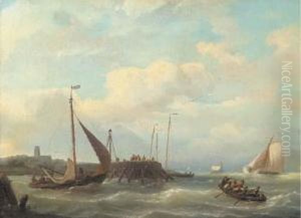 Dutch Fishing Boats Off A Jetty Oil Painting by Nicolaas Riegen