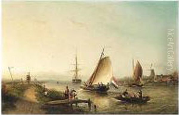 A River Scene With Sailing Vessels And Figures On A Riverbank Oil Painting by Nicolaas Riegen