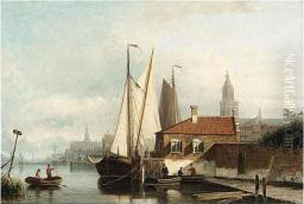 A View Of A Town With Sailing Oil Painting by Nicolaas Riegen