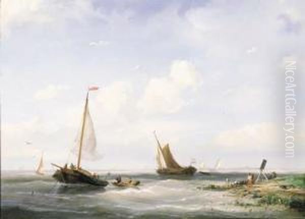 Sailing Vessels Off An Estuary Oil Painting by Nicolaas Riegen