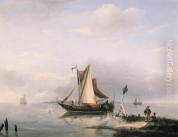 Sailing Vessels In Calm Waters Oil Painting by Nicolaas Riegen