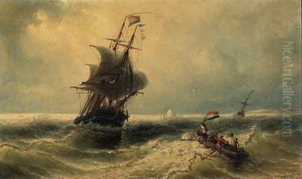 Sailors In A Rowing-boat Approaching A Dutch Three-master In Aswell Oil Painting by Nicolaas Riegen