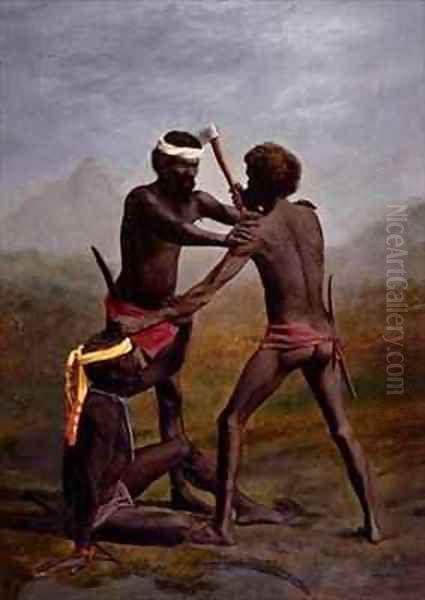 Three Aborigines fighting Queensland Oil Painting by Richard Daintree