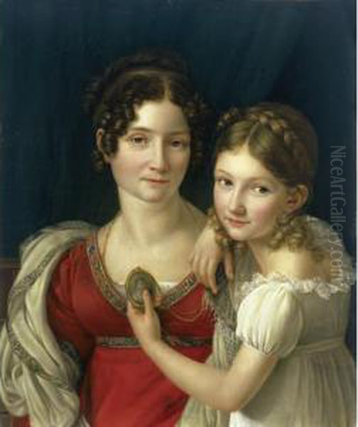 Portrait Of A Mother With Her Daughter Holding Up A Portrait Miniature In Her Left Hand Oil Painting by Henri-Francois Riesener