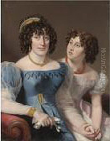 Portait Of A Lady And Her Daughter, Half Length, Seated On A Red Couch Oil Painting by Henri-Francois Riesener