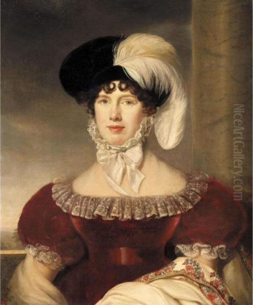 Portrait Of A Lady, Half-length,
 Wearing A Red Velvet Dress And A Black Hat With A White Plume Oil Painting by Henri-Francois Riesener