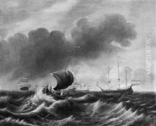 A Wijdschip And A Threemaster At Sea As A Storm Approaches, Othershipping Beyond Oil Painting by Hendrik Rietschoof