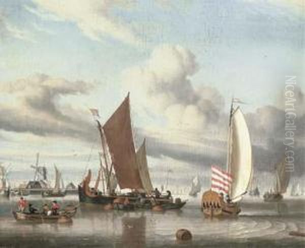 Shipping In A Calm Sea Off A Jetty Oil Painting by Jan Claes Rietschoof