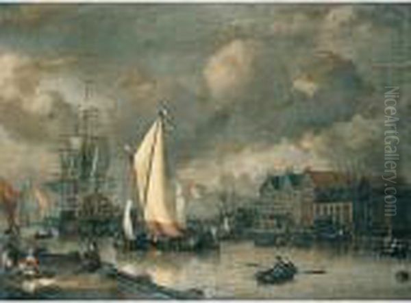 A Dutch Two Decker And Other Shipping At Anchor Along A Quayside Oil Painting by Jan Claes Rietschoof