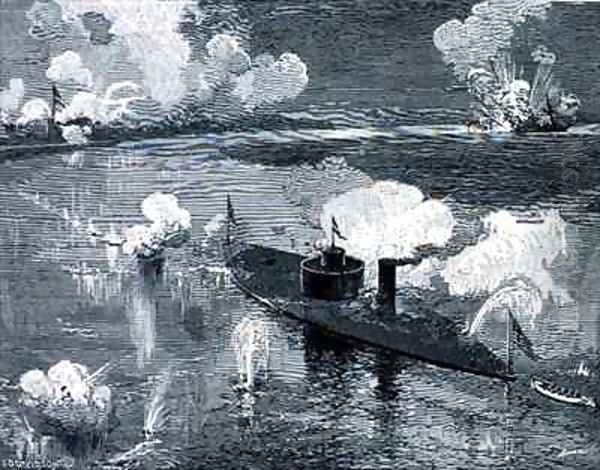 The monitor Montauk destroying the Confederate privateer 'Nashville near Fort McAllister Ogeechee River Georgia Oil Painting by Julian Oliver Davidson