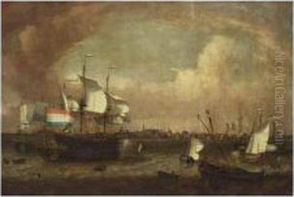 The Dutch Ship-of-the-line 'westvriesland' And Other Shipping In The Roads Of Hoorn Oil Painting by Jan Claes Rietschoof