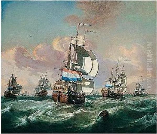 A Squadron Of Dutch Indiamen In Choppy Seas Oil Painting by Jan Claes Rietschoof