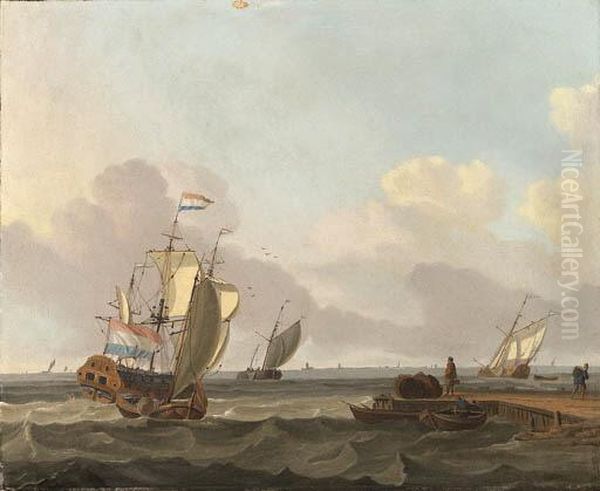 Shipping In A Choppy Sea Off A Jetty Oil Painting by Jan Claes Rietschoof