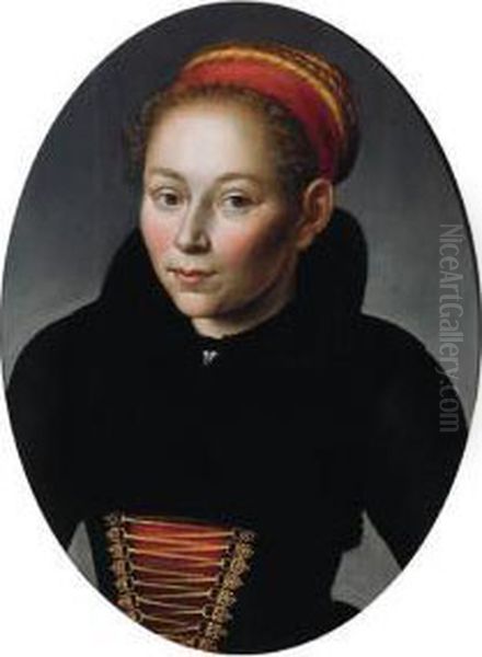 Portrait Of A Woman, Half 
Length, Wearing A Provincial Costume Anda Red Ribbon In Her Hair - A 
Fragment Oil Painting by Jan Claes Rietschoof