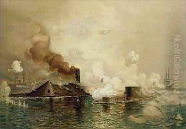 The Monitor and the Merrimac the First Fight between Ironclads in 1862 Oil Painting by Julian Oliver Davidson