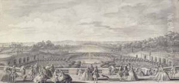 Vue De L'orangerie De 
Versailles, Prise De La Balustrade Au Bord De La Terrasse Du Chateau Oil Painting by Jacques Rigaud