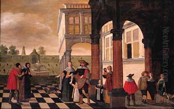 One of the Seven Acts of Mercy a family welcoming an elderly couple in the portico of a palatial mansion Oil Painting by Dirck van Deelen