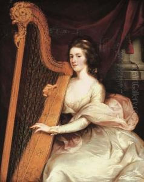 Portrait Of Lady Jane Mildmay, 
Seated Three-quarter-length, In Awhite Silk Dress Playing The Harp Oil Painting by John Francis Rigaud