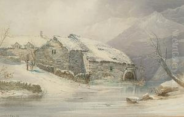 Figures By A Mill In Winter Oil Painting by Cuthbert Rigby