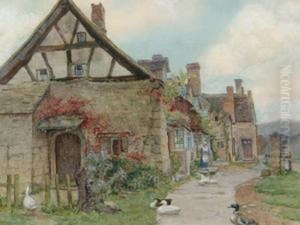 Thought To Be The Olddairy, Bourton-on-the-water Oil Painting by Cuthbert Rigby