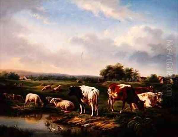 Cattle and Sheep in a Landscape Oil Painting by Charles Desan