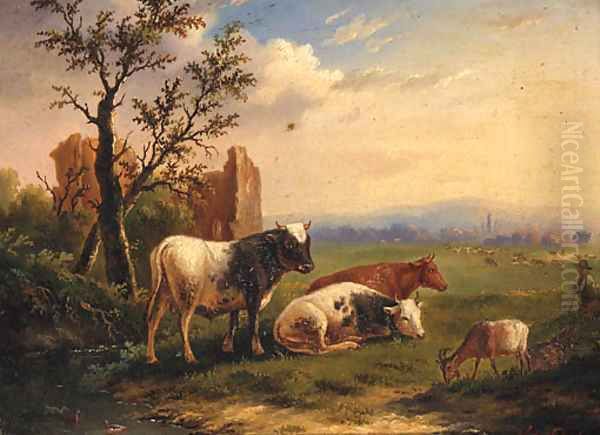 Cattle With A Goat In A Meadow Oil Painting by Charles Desan