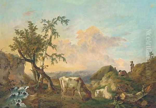 Sheep and cattle grazing beside a stream with a shepherd looking on Oil Painting by Charles Desan