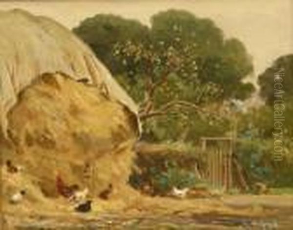 Straw Stack With Hens Oil Painting by Ernest Higgins Rigg