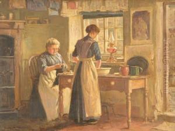 Morning Chores-adales Cottage Kitchen Oil Painting by Ernest Higgins Rigg