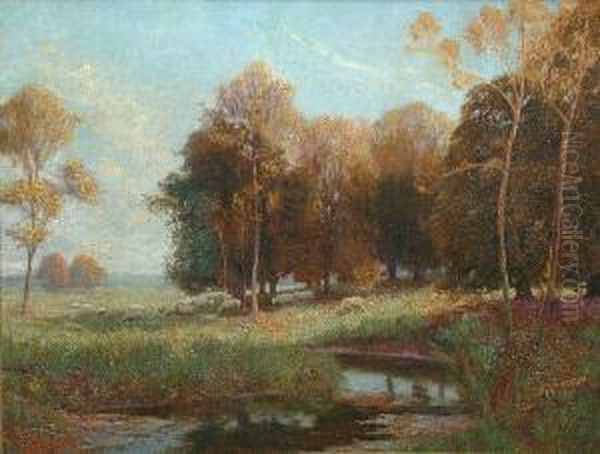 Sheep Grazing In A River Landscape Oil Painting by Ernest Higgins Rigg