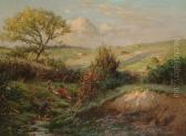 A Sunlit Landscape With Children Playing On A Riverbank In The Foreground Oil Painting by Ernest Higgins Rigg