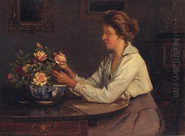 Arranging The Roses Oil Painting by Ernest Higgins Rigg