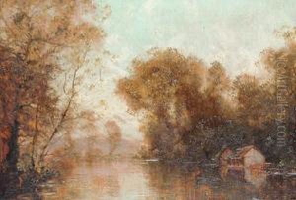 An Autumnal River Landscape Oil Painting by Albert Gabriel Rigolot