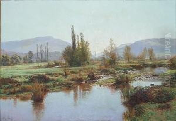 An Extensive River Landscape With Mountains Beyond Oil Painting by Albert Gabriel Rigolot