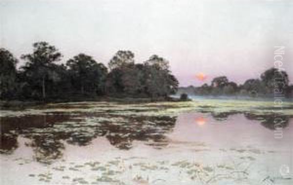 River Landscape At Sunset Oil Painting by Albert Gabriel Rigolot