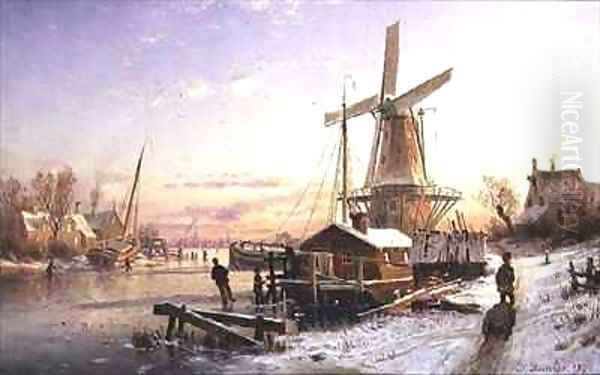 Winter Scene with a Windmill Oil Painting by Johannes Bartolomaus Duntze