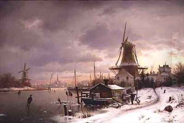 House Boat on a Frozen River Oil Painting by Johannes Bartolomaus Duntze