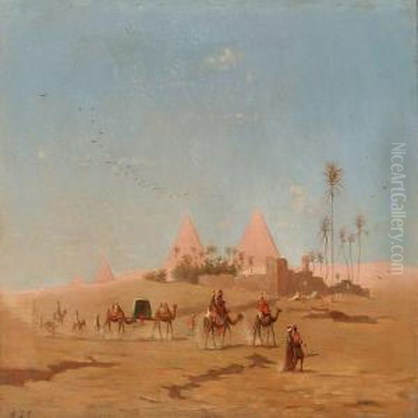 Bedouins On Their Camels Passing Pyramids, Egypt Oil Painting by Andreas Christian Riis Carstensen