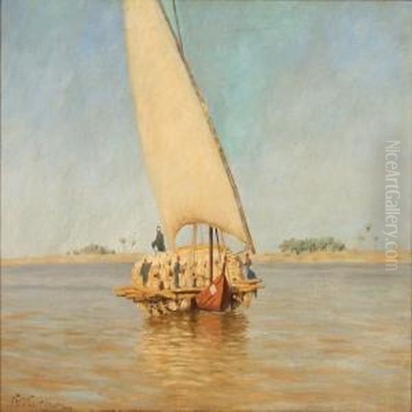 Marine With A Sailboat On The Nile Oil Painting by Andreas Christian Riis Carstensen