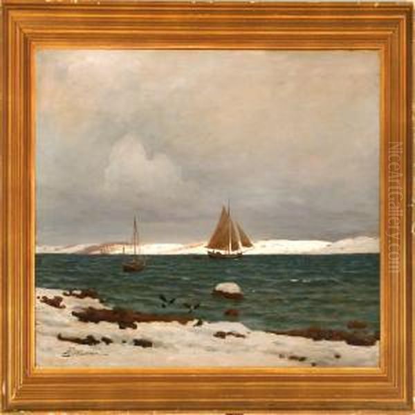 Winter Day With A Sailing Ships On Calm Water Oil Painting by Andreas Christian Riis Carstensen